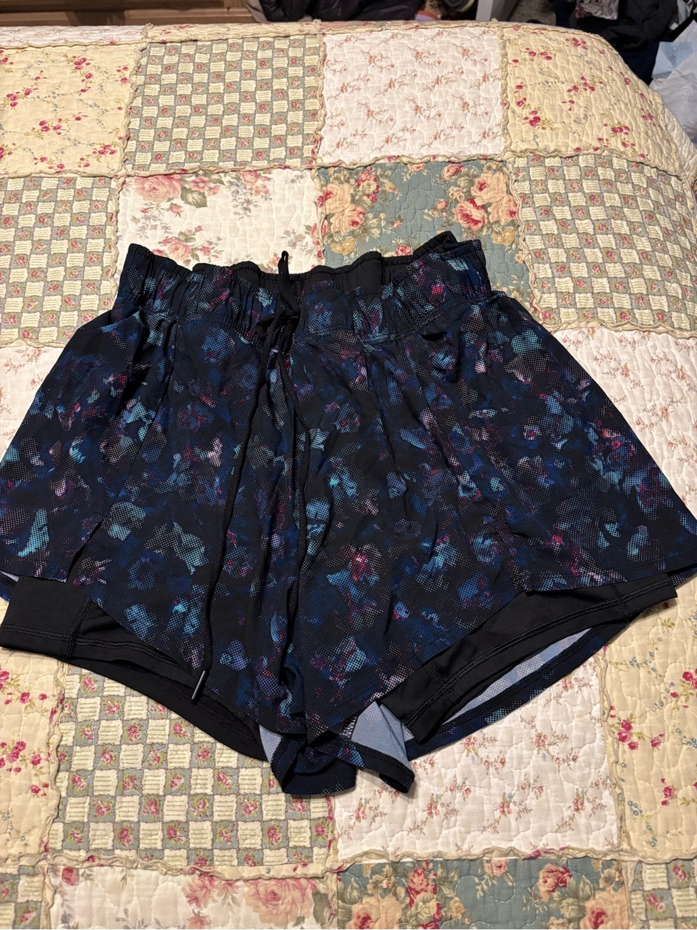 Avia Black Floral-Print Athletic Shorts with Blue and Purple Accents Large